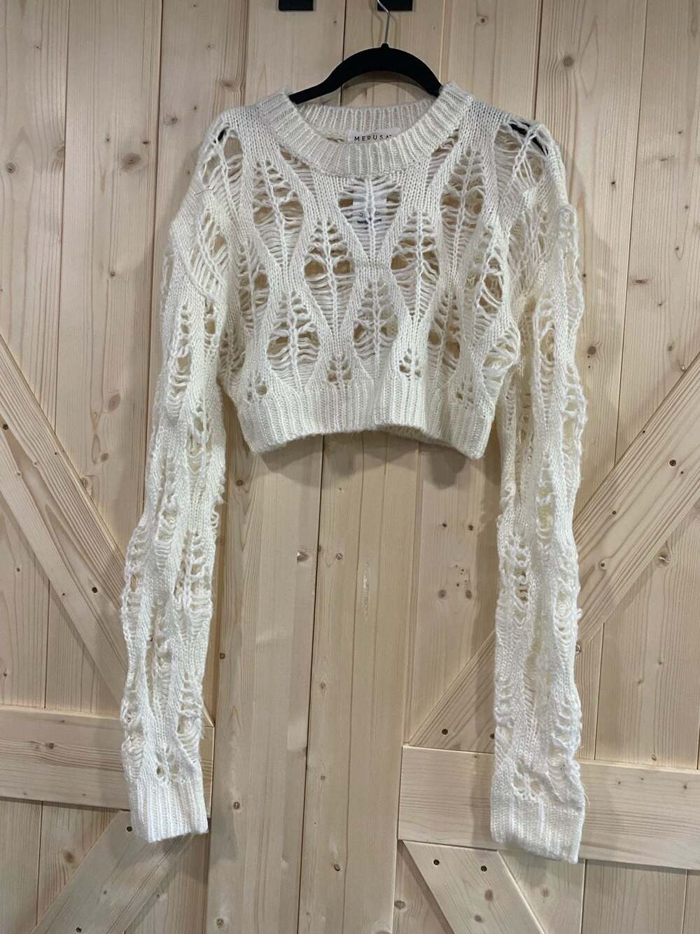 Medusa Distressed Open Knit Crop Sweater Small White Crew Neck Pullover